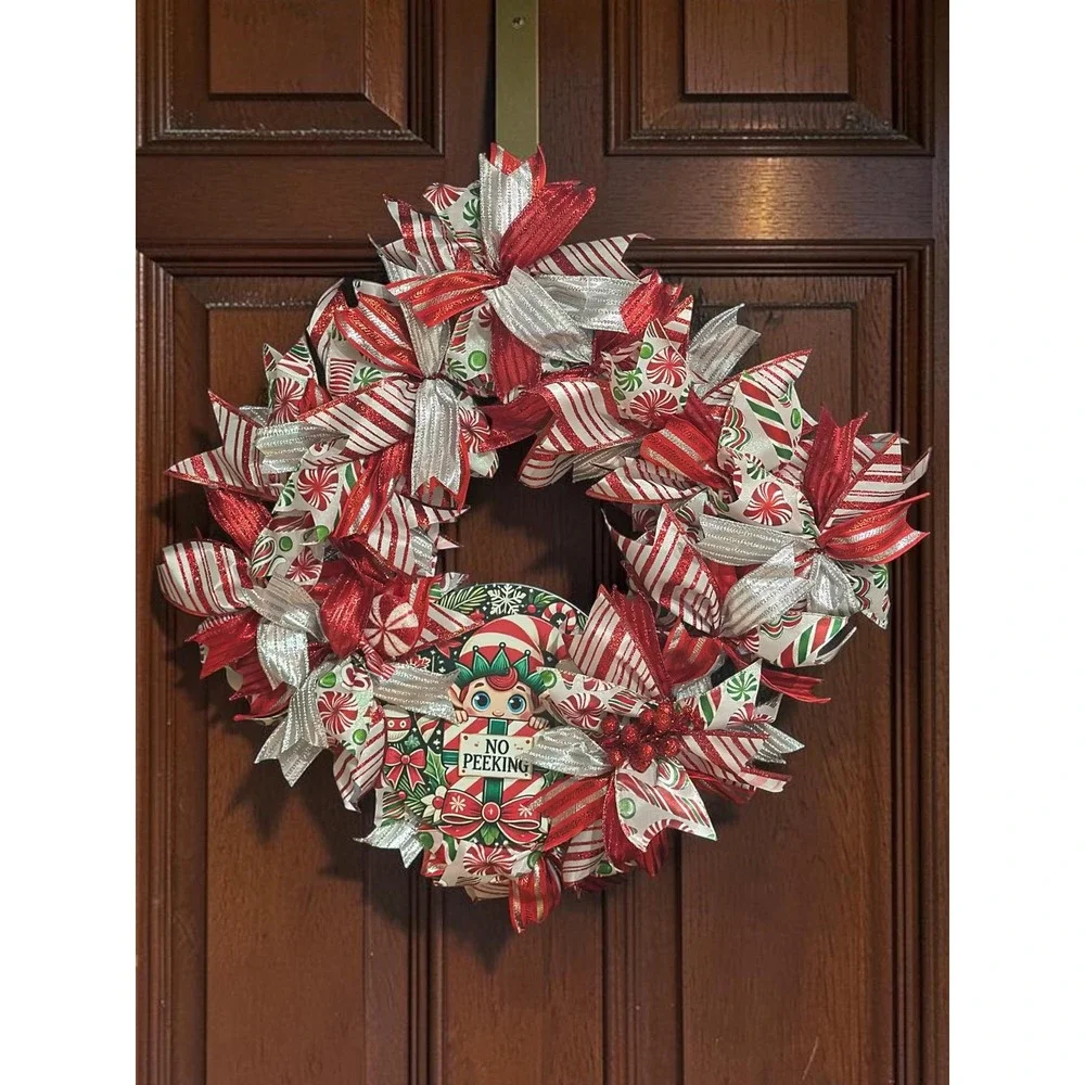 No Peaking Elf Ribbon Diamond Shaped Wreath